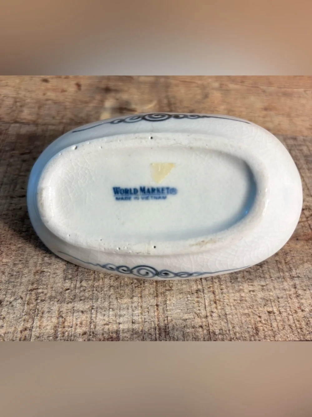 World Market Hand Paint Blue & Creamy White Ceramic Ring Jewelry Trinket Dish